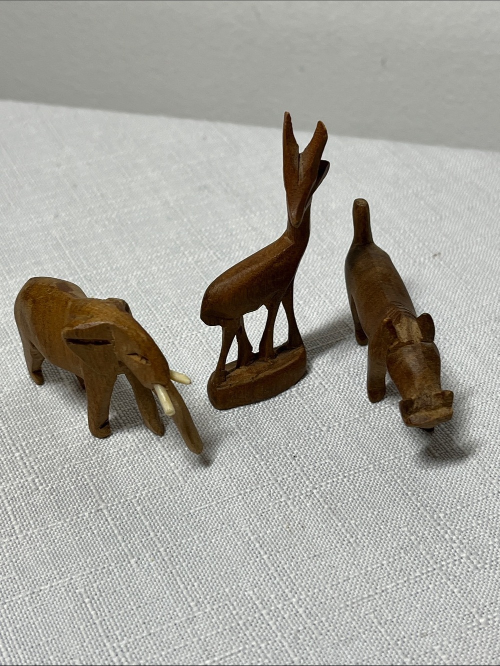 Hand Carved Wooden Animal Trio - Elephant, Antelope, Hippo - Brown